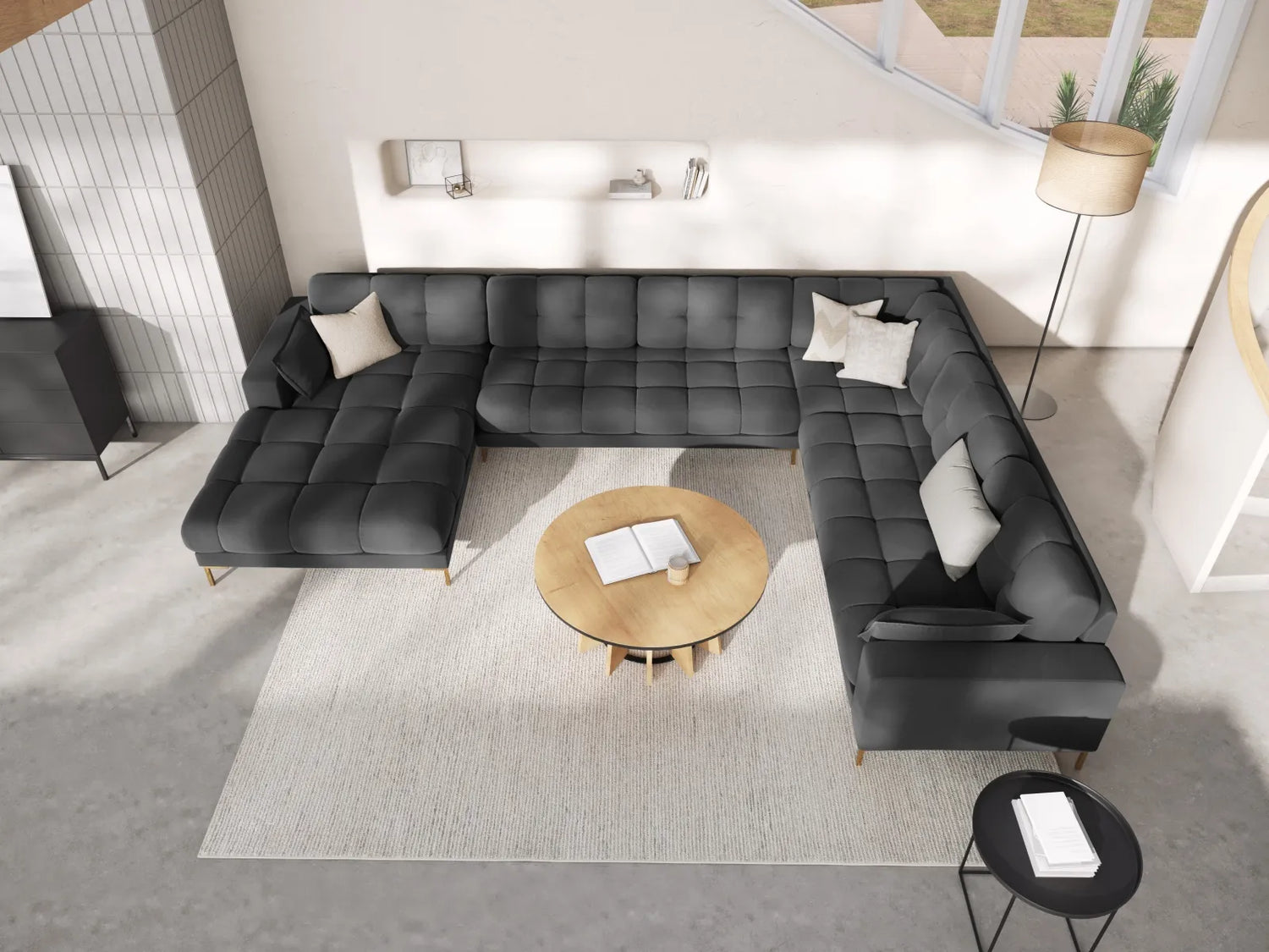 Mamaia 7-Sitzer Panorama-Ecksofa, Rechte Seite, Beine Goldmetall, mit Bezug aus Samt (Blu18) in Dunkelgrau, 327x256 cm – Bild 2