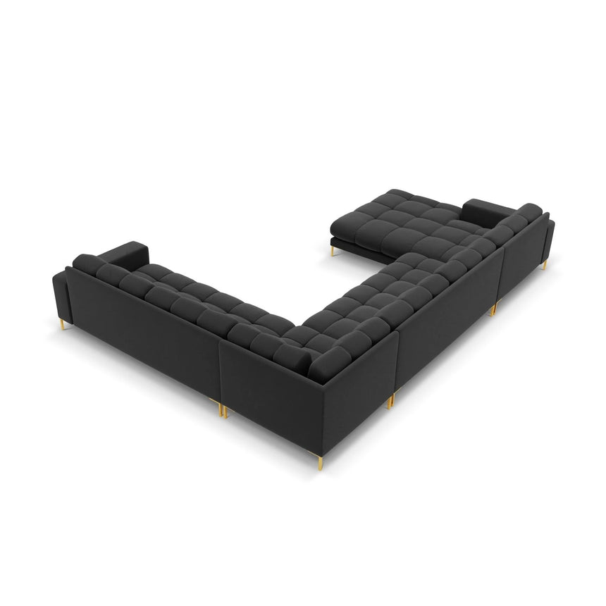 Mamaia 7-Sitzer Panorama-Ecksofa, Rechte Seite, Beine Goldmetall, mit Bezug aus Samt (Blu18) in Dunkelgrau, 327x256 cm – Bild 5