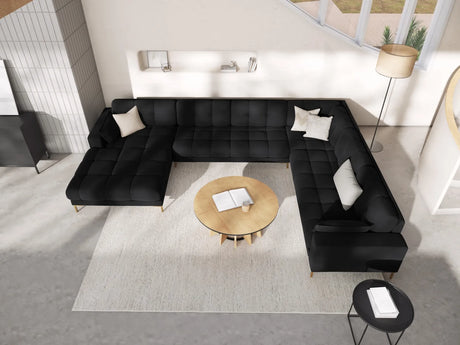 Mamaia 7-Sitzer Panorama-Ecksofa, Rechte Seite, Beine Goldmetall, mit Bezug aus Samt (Blu19) in Schwarz, 327x256 cm – Bild 2