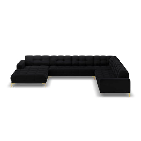 Mamaia 7-Sitzer Panorama-Ecksofa, Rechte Seite, Beine Goldmetall, mit Bezug aus Samt (Blu19) in Schwarz, 327x256 cm – Bild 4