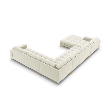 Mamaia 7-Sitzer Panorama-Ecksofa, Rechte Seite, Beine Goldmetall, mit Bezug aus Samt (Blu22) in Leichtes Beige, 327x256 cm – Bild 5