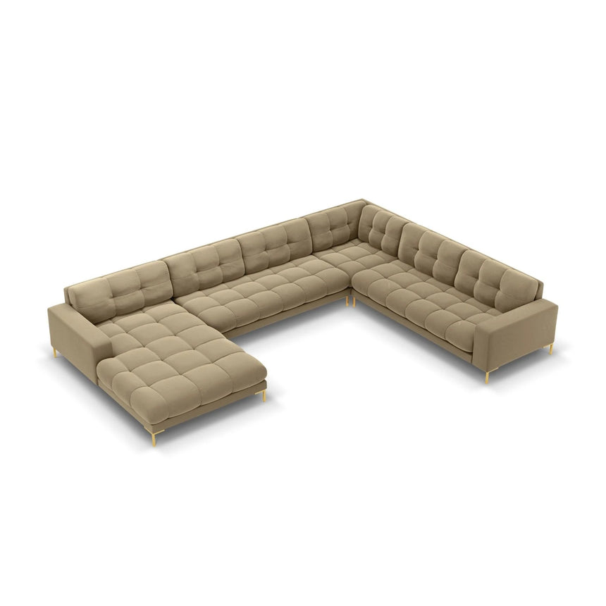 Mamaia 7-Sitzer Panorama-Ecksofa, Rechte Seite, Beine Goldmetall, mit Bezug aus Samt (Blu28) in Beige, 327x256 cm – Bild 1