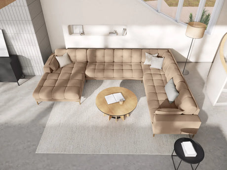 Mamaia 7-Sitzer Panorama-Ecksofa, Rechte Seite, Beine Goldmetall, mit Bezug aus Samt (Blu28) in Beige, 327x256 cm – Bild 2