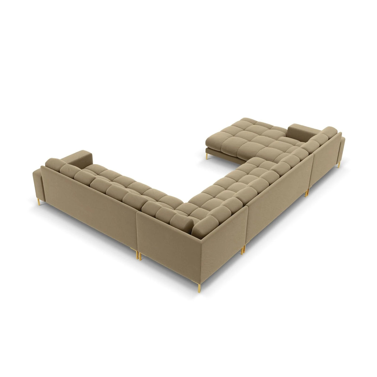 Mamaia 7-Sitzer Panorama-Ecksofa, Rechte Seite, Beine Goldmetall, mit Bezug aus Samt (Blu28) in Beige, 327x256 cm – Bild 5