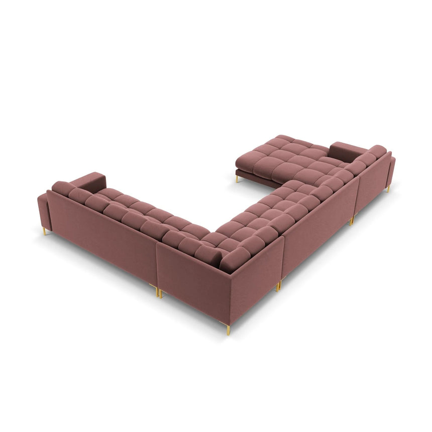 Mamaia 7-Sitzer Panorama-Ecksofa, Rechte Seite, Beine Goldmetall, mit Bezug aus Samt (Blu52) in Rosa, 327x256 cm – Bild 5