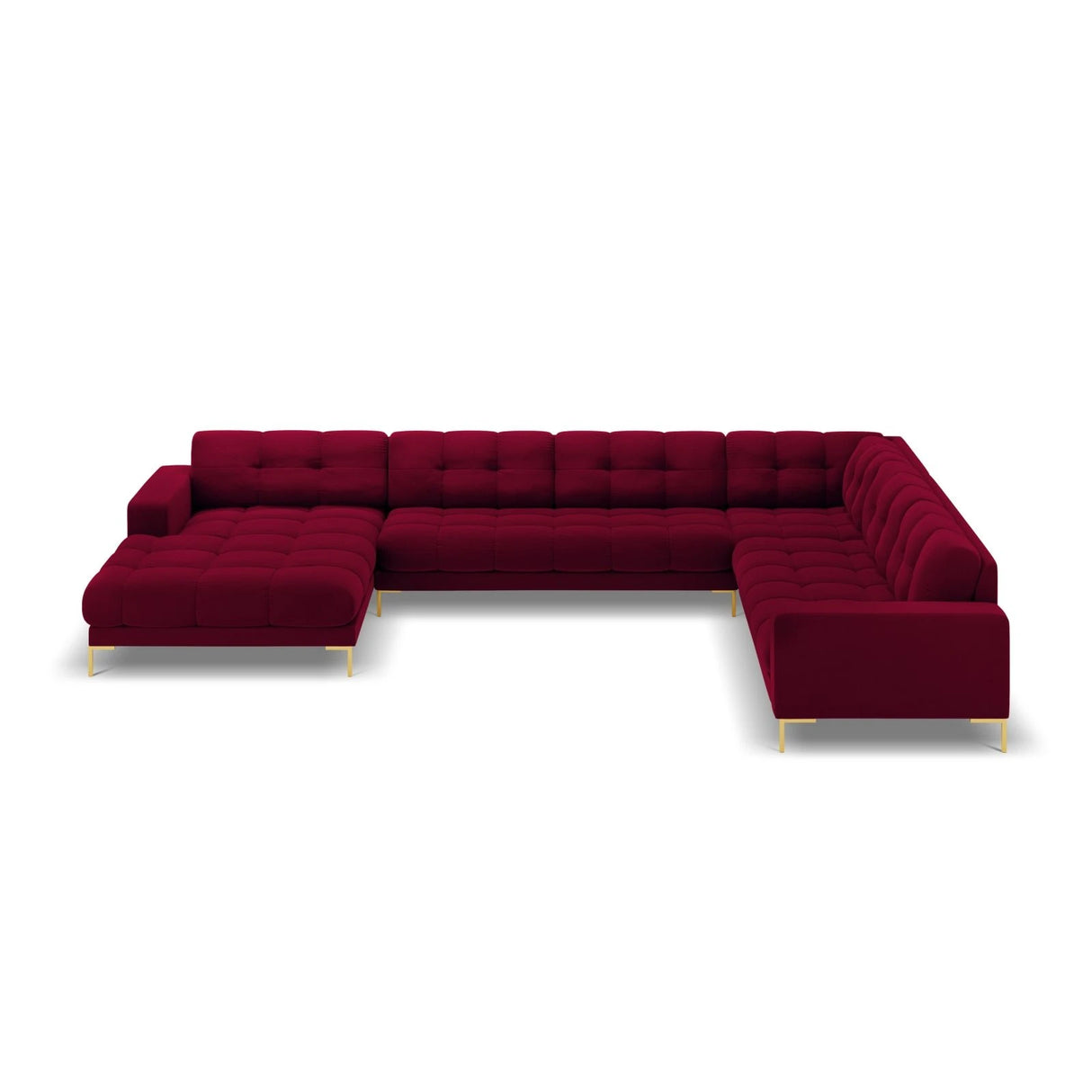 Mamaia 7-Sitzer Panorama-Ecksofa, Rechte Seite, Beine Goldmetall, mit Bezug aus Samt (Blu59) in Rot, 327x256 cm – Bild 4