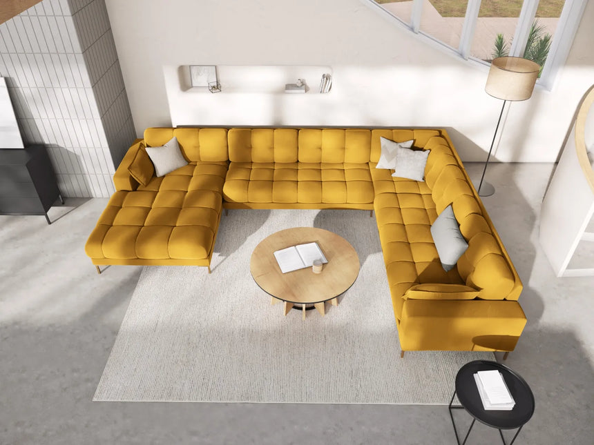 Mamaia 7-Sitzer Panorama-Ecksofa, Rechte Seite, Beine Goldmetall, mit Bezug aus Samt (Blu68) in Gelb, 327x256 cm – Bild 2