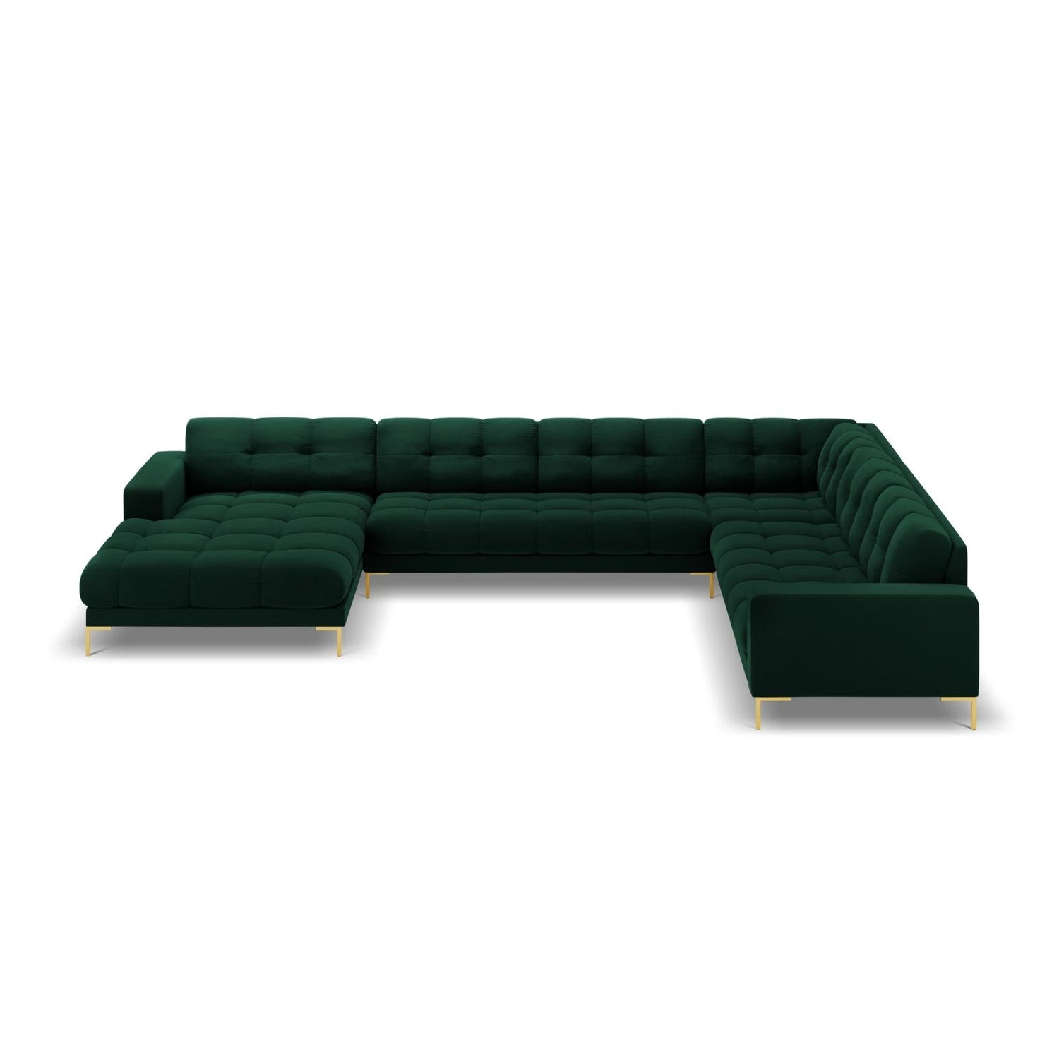 Mamaia 7-Sitzer Panorama-Ecksofa, Rechte Seite, Beine Goldmetall, mit Bezug aus Samt (Blu78) in Flaschengrün, 327x256 cm – Bild 4