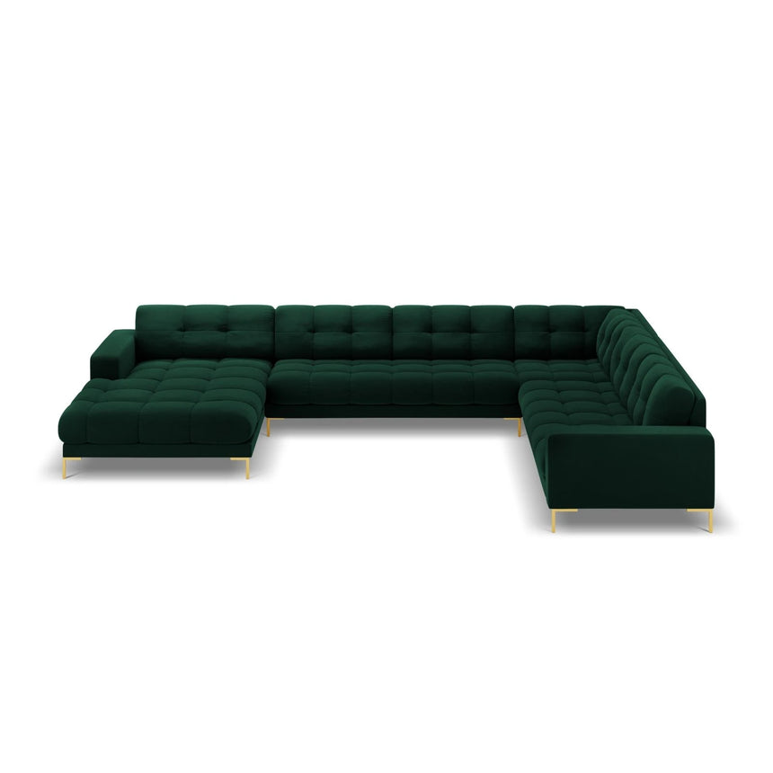Mamaia 7-Sitzer Panorama-Ecksofa, Rechte Seite, Beine Goldmetall, mit Bezug aus Samt (Blu78) in Flaschengrün, 327x256 cm – Bild 4