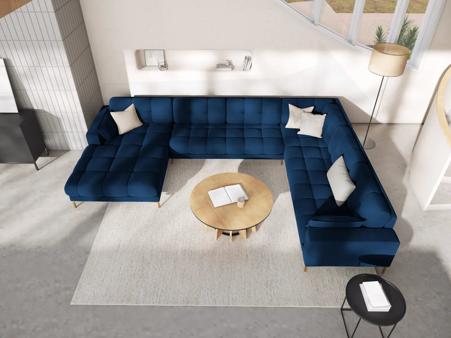Mamaia 7-Sitzer Panorama-Ecksofa, Rechte Seite, Beine Goldmetall, mit Bezug aus Samt (Blu86) in Königsblau, 327x256 cm – Bild 2