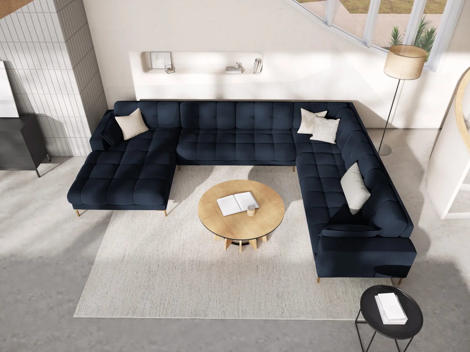 Mamaia 7-Sitzer Panorama-Ecksofa, Rechte Seite, Beine Goldmetall, mit Bezug aus Samt (Blu89) in Dunkelblau, 327x256 cm – Bild 2