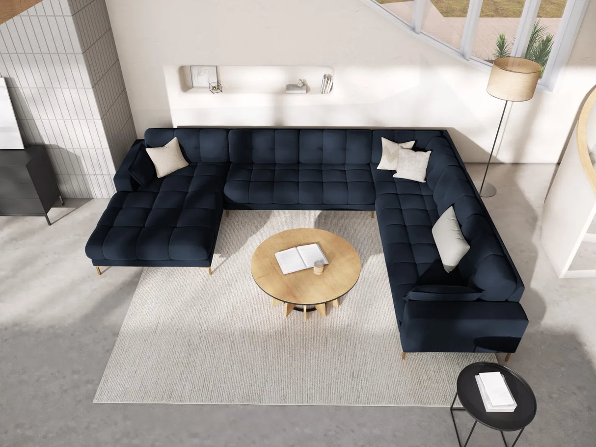 Mamaia 7-Sitzer Panorama-Ecksofa, Rechte Seite, Beine Goldmetall, mit Bezug aus Samt (Blu89) in Dunkelblau, 327x256 cm – Bild 2