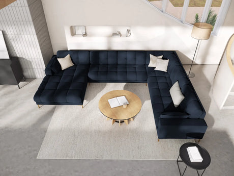 Mamaia 7-Sitzer Panorama-Ecksofa, Rechte Seite, Beine Goldmetall, mit Bezug aus Samt (Blu89) in Dunkelblau, 327x256 cm – Bild 2