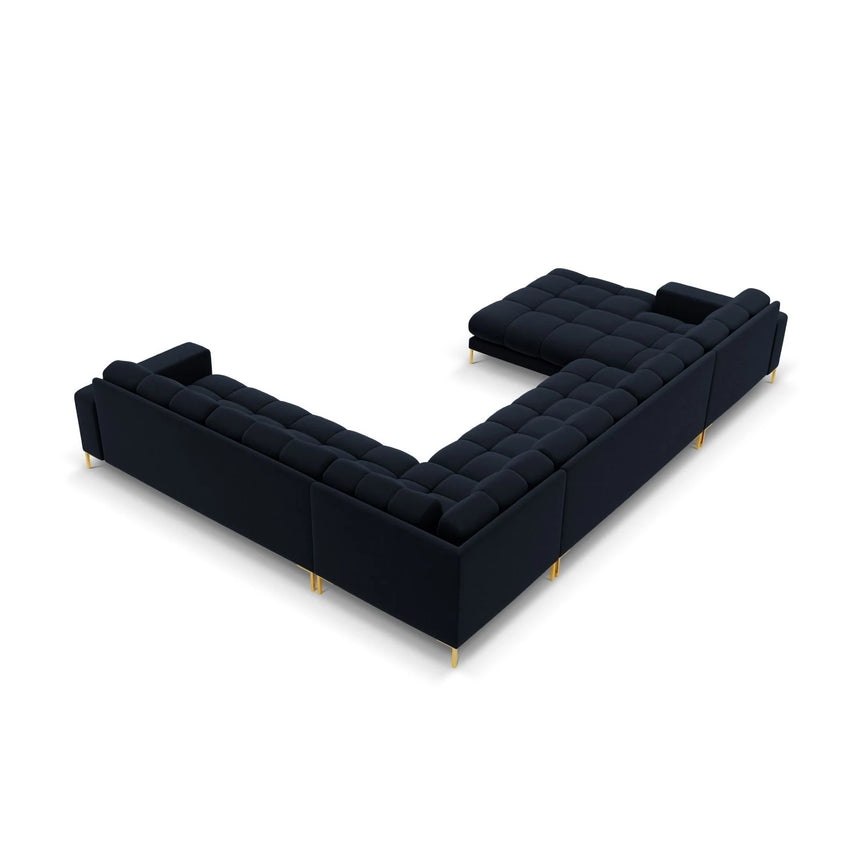 Mamaia 7-Sitzer Panorama-Ecksofa, Rechte Seite, Beine Goldmetall, mit Bezug aus Samt (Blu89) in Dunkelblau, 327x256 cm – Bild 5