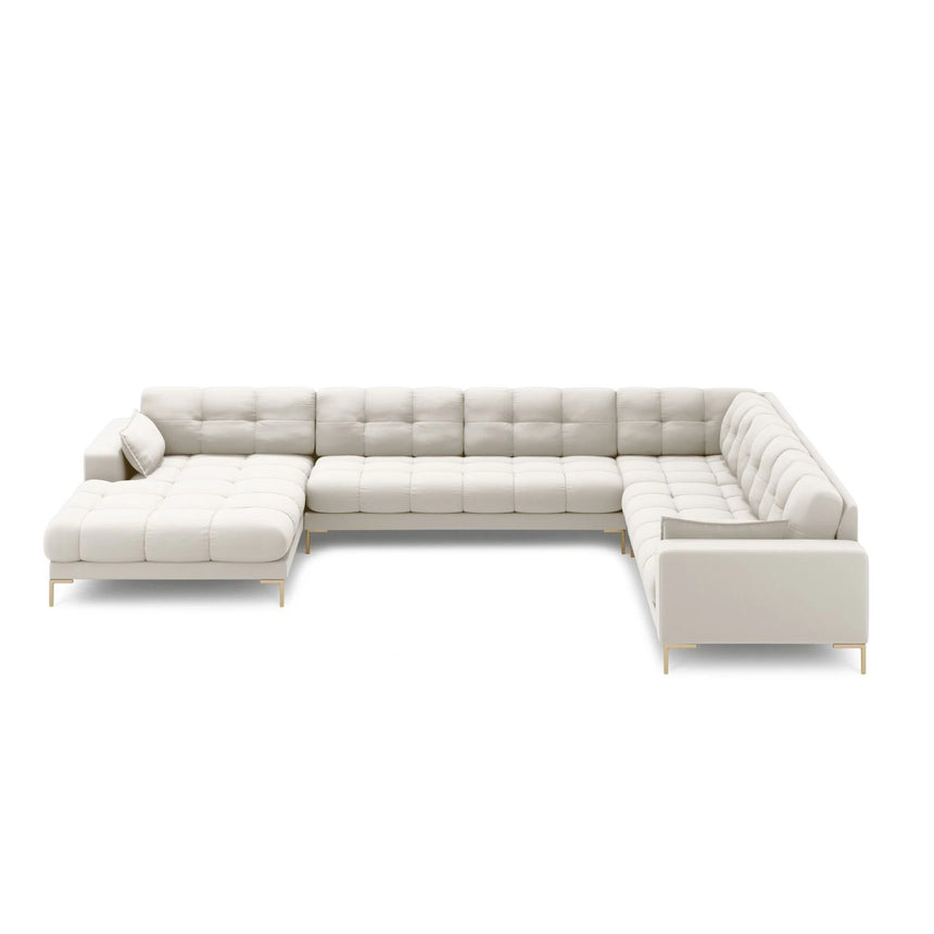 Mamaia 7-Sitzer Panorama-Ecksofa, Rechte Seite, Beine Goldmetall, mit Bezug aus Samt oder Strukturstoff, 327x256 cm – Bild 3