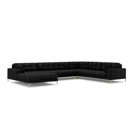 Mamaia 7-Sitzer Panorama-Ecksofa, Rechte Seite, Beine Goldmetall, mit Bezug aus Strukturierter Stoff (Nev100) in Schwarz, 327x256 cm – Bild 1