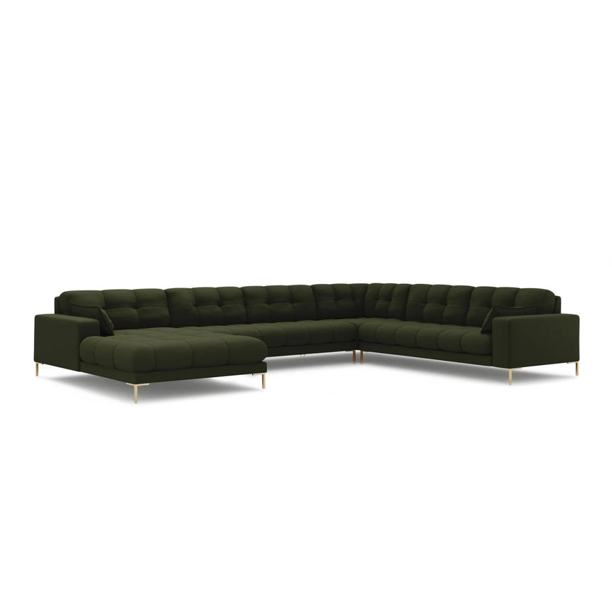 Mamaia 7-Sitzer Panorama-Ecksofa, Rechte Seite, Beine Goldmetall, mit Bezug aus Strukturierter Stoff (Nev39) in Grün, 327x256 cm – Bild 1