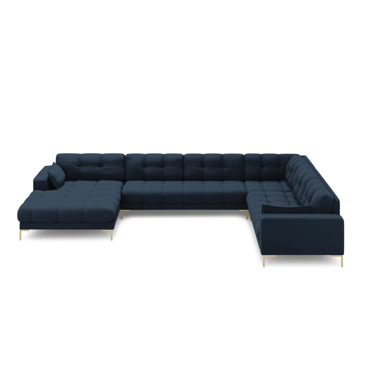 Mamaia 7-Sitzer Panorama-Ecksofa, Rechte Seite, Beine Goldmetall, mit Bezug aus Strukturierter Stoff (Nev77) in Blau, 327x256 cm – Bild 3