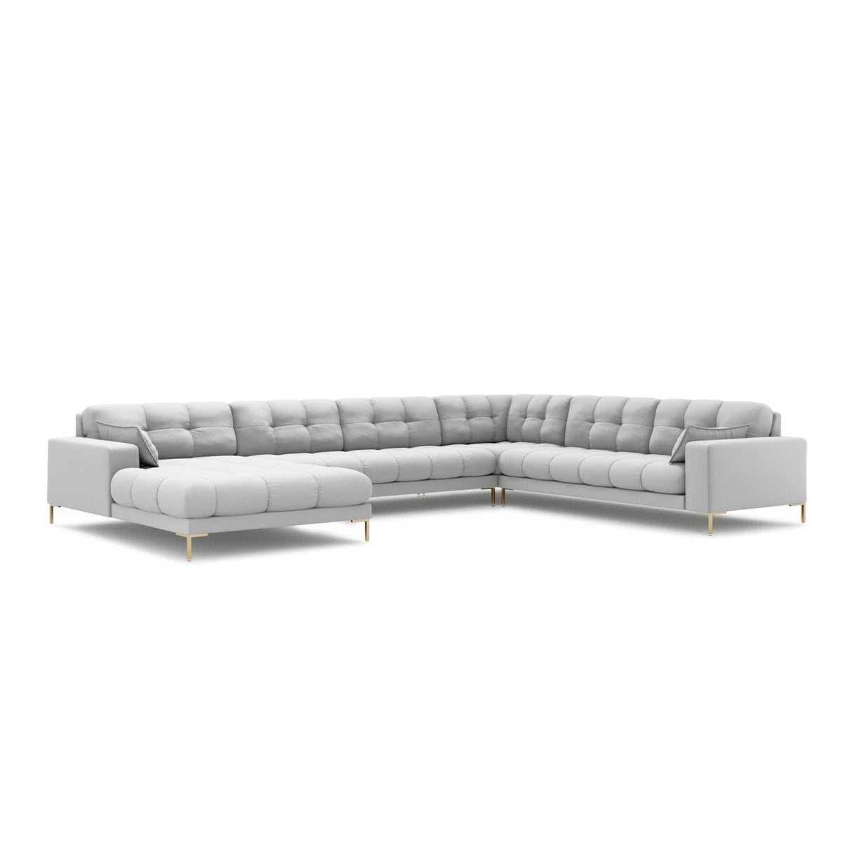 Mamaia 7-Sitzer Panorama-Ecksofa, Rechte Seite, Beine Goldmetall, mit Bezug aus Strukturierter Stoff (Nev80) in Hellgrau, 327x256 cm – Bild 1