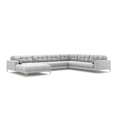 Mamaia 7-Sitzer Panorama-Ecksofa, Rechte Seite, Beine Goldmetall, mit Bezug aus Strukturierter Stoff (Nev80) in Hellgrau, 327x256 cm – Bild 1