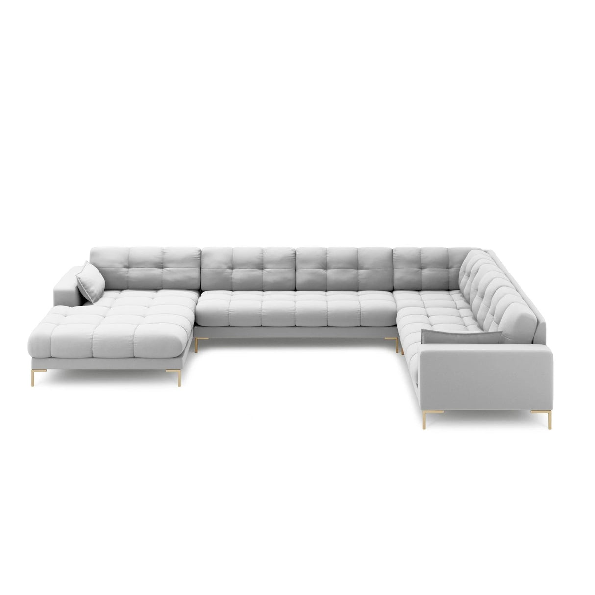 Mamaia 7-Sitzer Panorama-Ecksofa, Rechte Seite, Beine Goldmetall, mit Bezug aus Strukturierter Stoff (Nev80) in Hellgrau, 327x256 cm – Bild 3