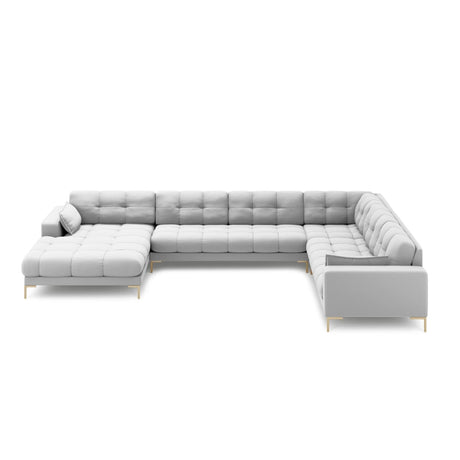 Mamaia 7-Sitzer Panorama-Ecksofa, Rechte Seite, Beine Goldmetall, mit Bezug aus Strukturierter Stoff (Nev80) in Hellgrau, 327x256 cm – Bild 3