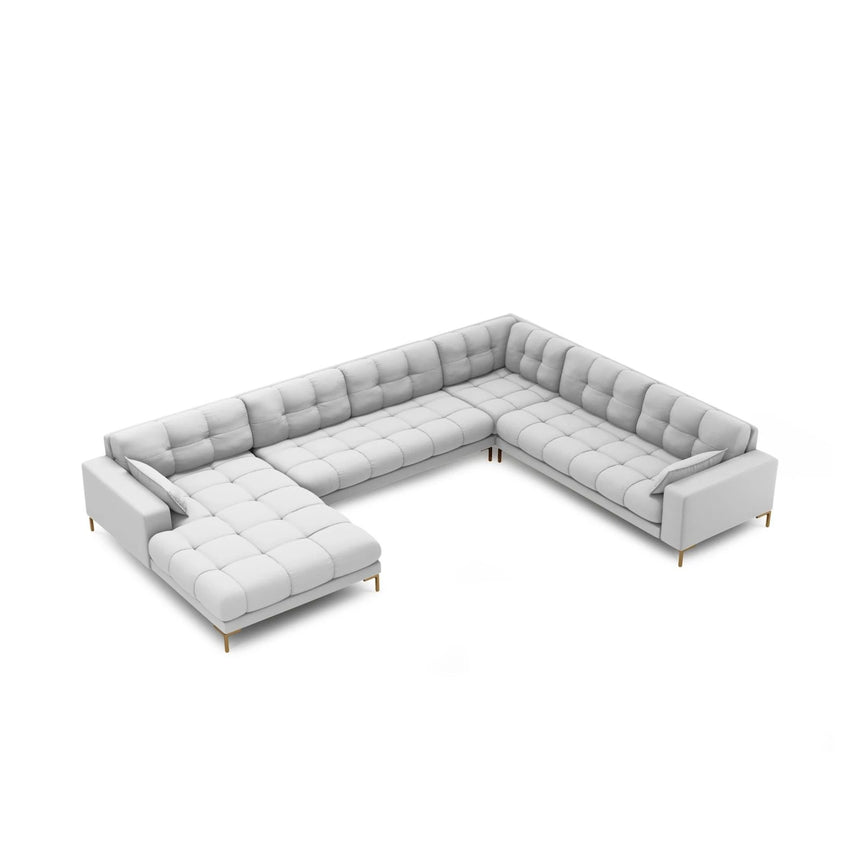 Mamaia 7-Sitzer Panorama-Ecksofa, Rechte Seite, Beine Goldmetall, mit Bezug aus Strukturierter Stoff (Nev80) in Hellgrau, 327x256 cm – Bild 4