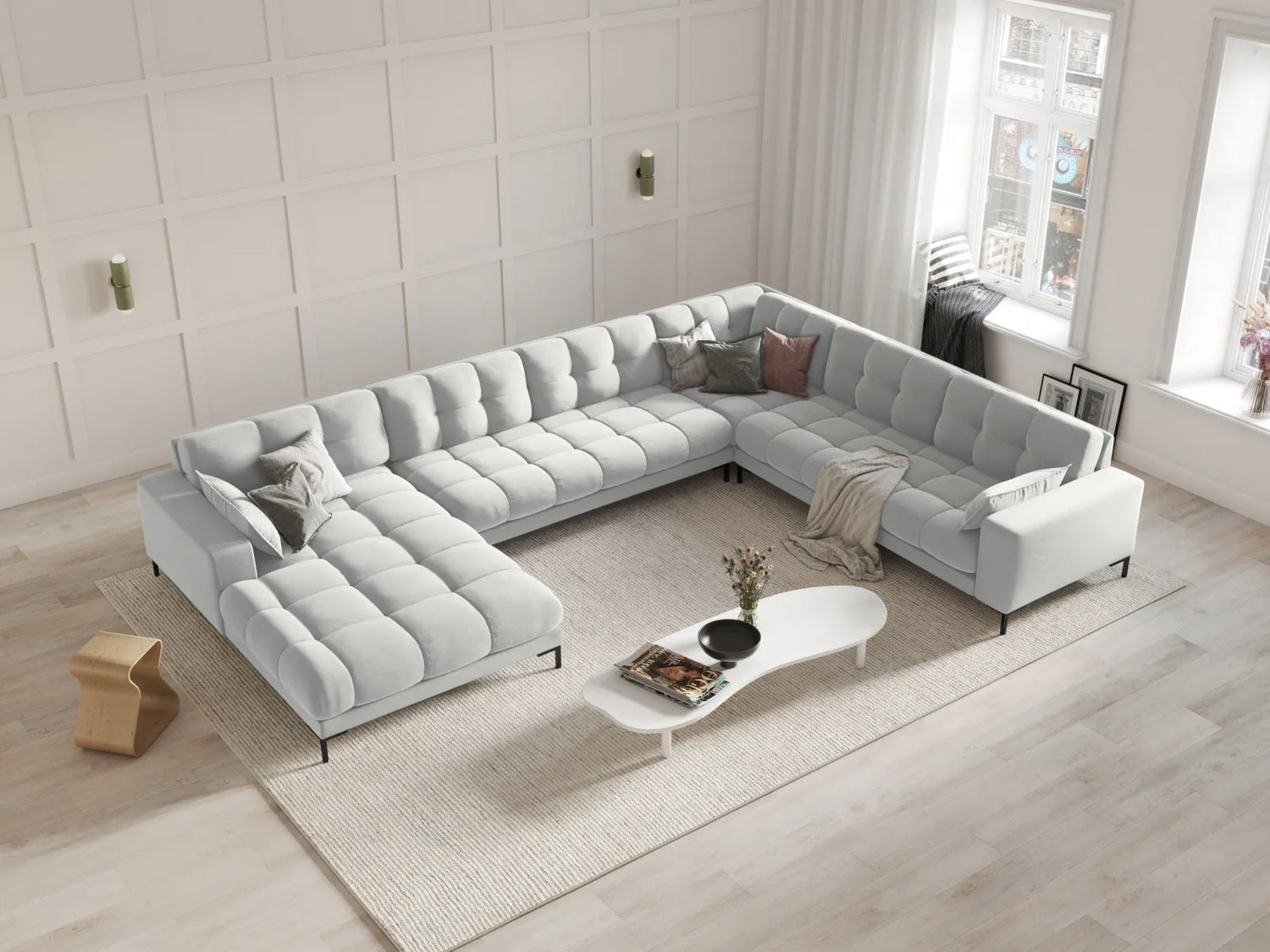Mamaia 7-Sitzer Panorama-Ecksofa, Rechte Seite, Metallbeine Schwarz, mit Bezug aus Samt (Blu03) in Silber, 327x256 cm – Bild 2