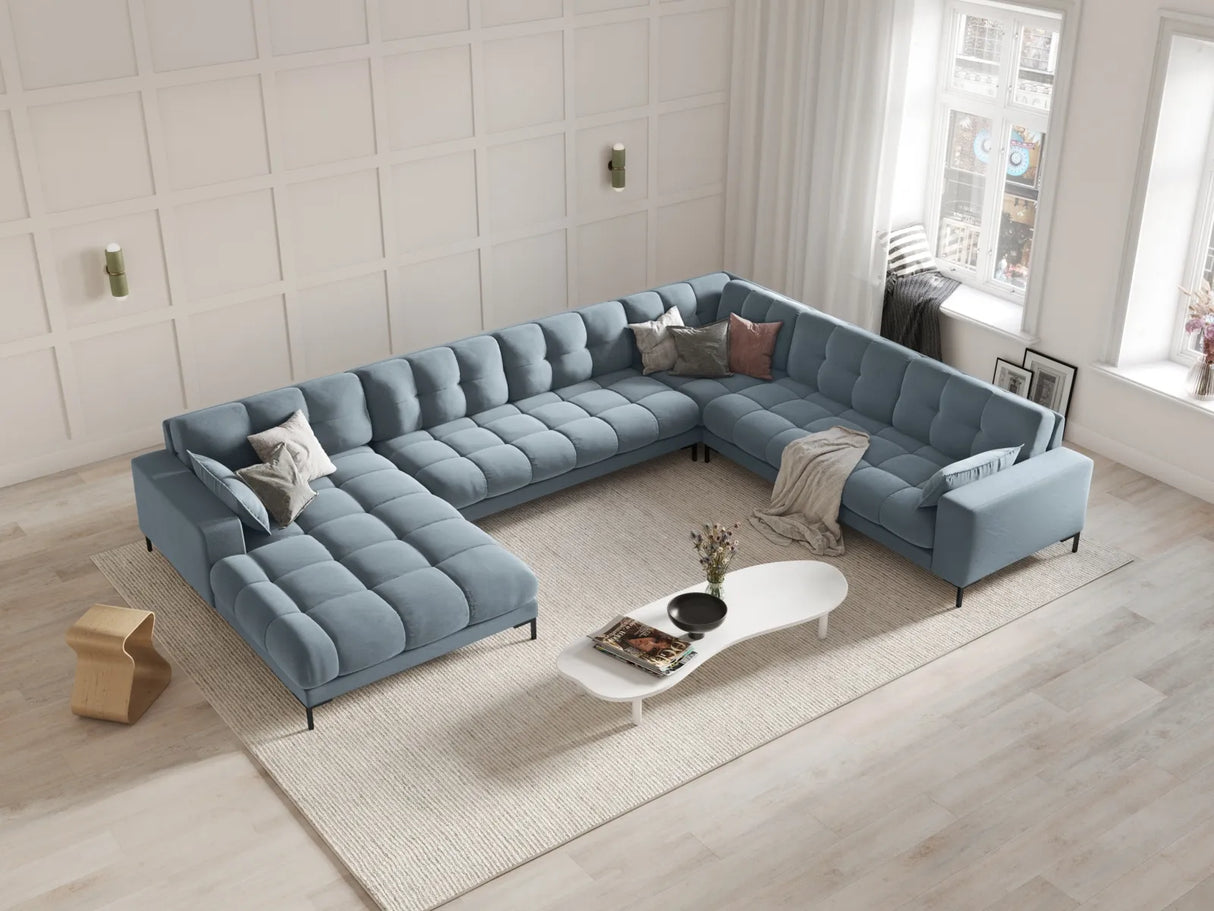 Mamaia 7-Sitzer Panorama-Ecksofa, Rechte Seite, Metallbeine Schwarz, mit Bezug aus Samt (Blu06) in Hellblau, 327x256 cm – Bild 2