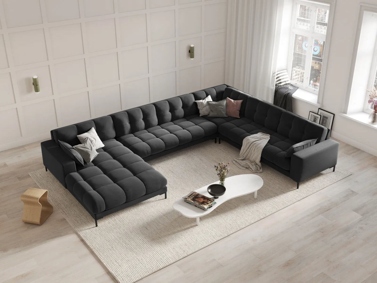 Mamaia 7-Sitzer Panorama-Ecksofa, Rechte Seite, Metallbeine Schwarz, mit Bezug aus Samt (Blu18) in Dunkelgrau, 327x256 cm – Bild 2