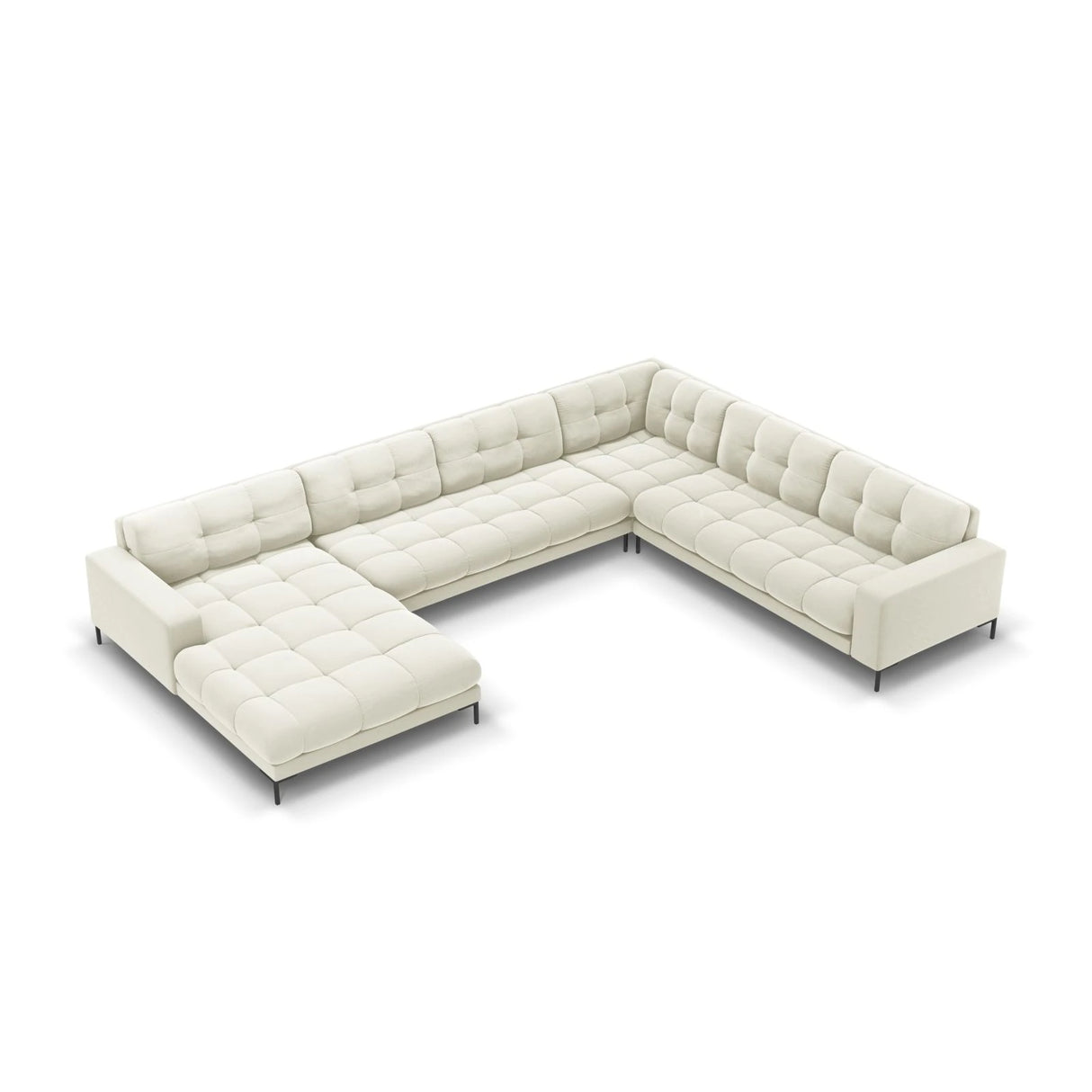 Mamaia 7-Sitzer Panorama-Ecksofa, Rechte Seite, Metallbeine Schwarz, mit Bezug aus Samt (Blu22) in Leichtes Beige, 327x256 cm – Bild 1