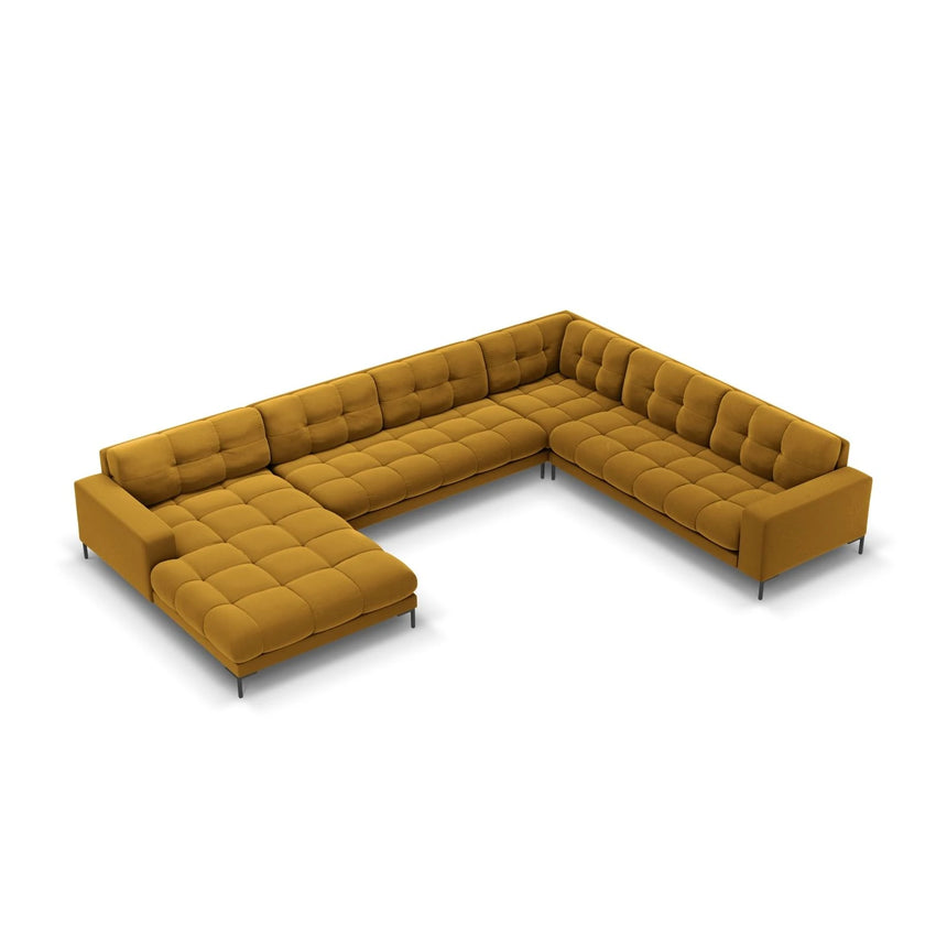 Mamaia 7-Sitzer Panorama-Ecksofa, Rechte Seite, Metallbeine Schwarz, mit Bezug aus Samt (Blu68) in Gelb, 327x256 cm – Bild 1