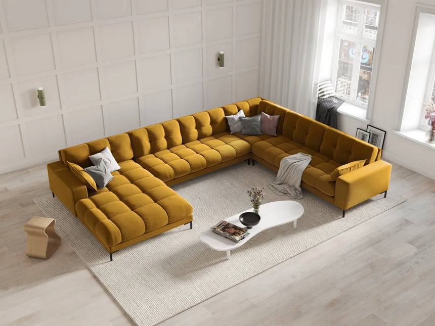Mamaia 7-Sitzer Panorama-Ecksofa, Rechte Seite, Metallbeine Schwarz, mit Bezug aus Samt (Blu68) in Gelb, 327x256 cm – Bild 2