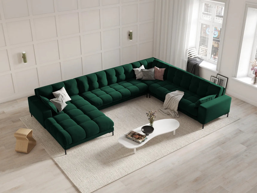 Mamaia 7-Sitzer Panorama-Ecksofa, Rechte Seite, Metallbeine Schwarz, mit Bezug aus Samt (Blu78) in Flaschengrün, 327x256 cm – Bild 2