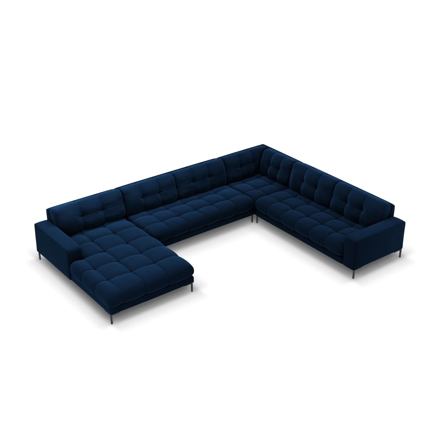 Mamaia 7-Sitzer Panorama-Ecksofa, Rechte Seite, Metallbeine Schwarz, mit Bezug aus Samt (Blu86) in Königsblau, 327x256 cm – Bild 1