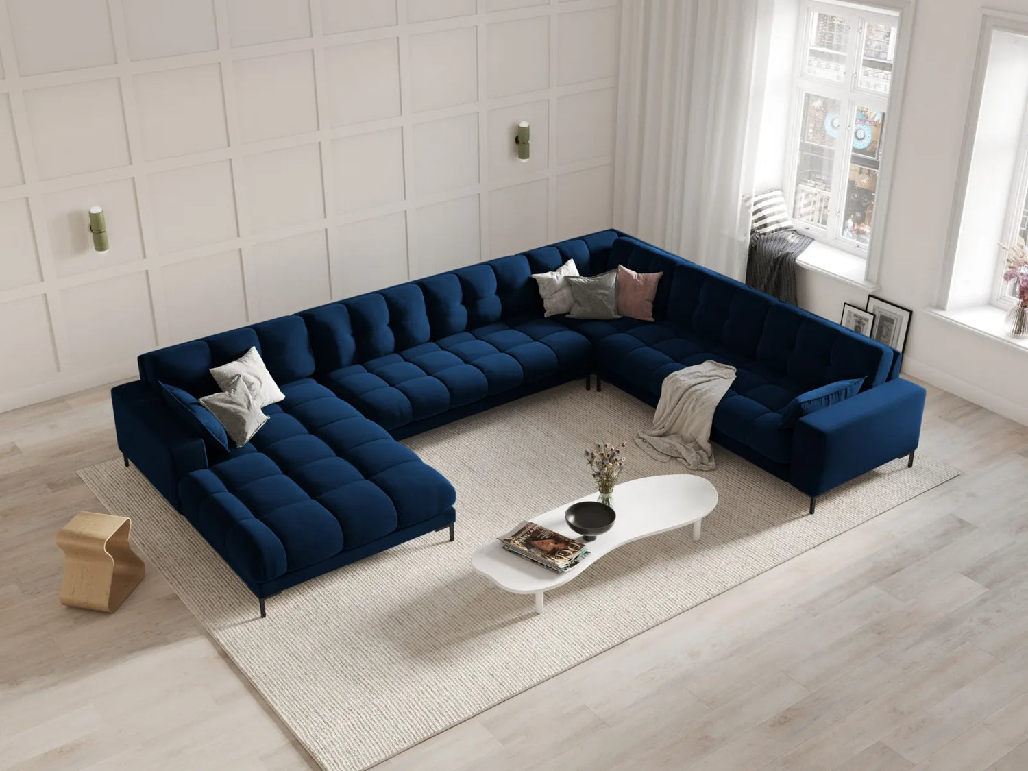 Mamaia 7-Sitzer Panorama-Ecksofa, Rechte Seite, Metallbeine Schwarz, mit Bezug aus Samt (Blu86) in Königsblau, 327x256 cm – Bild 2