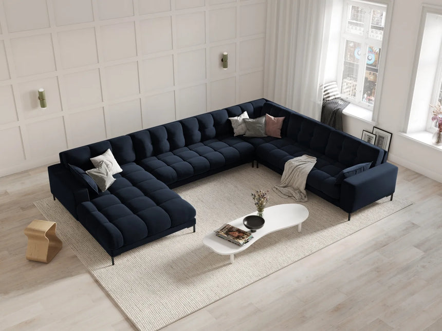 Mamaia 7-Sitzer Panorama-Ecksofa, Rechte Seite, Metallbeine Schwarz, mit Bezug aus Samt (Blu89) in Dunkelblau, 327x256 cm – Bild 2
