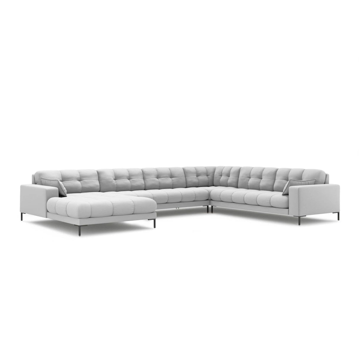 Mamaia 7-Sitzer Panorama-Ecksofa, Rechte Seite, Metallbeine Schwarz, mit Bezug aus Strukturierter Stoff (Nev80) in Hellgrau, 327x256 cm – Bild 1