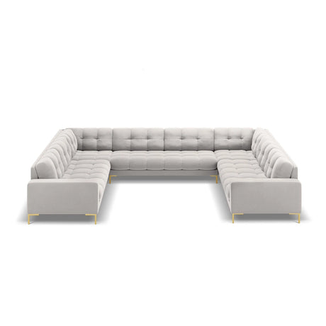 Mamaia 9-Sitzer Panorama-Sofa symmetrisch, Beine Goldmetall, mit Bezug aus Samt (Blu03) in Silber, 337x256 cm – Bild 3
