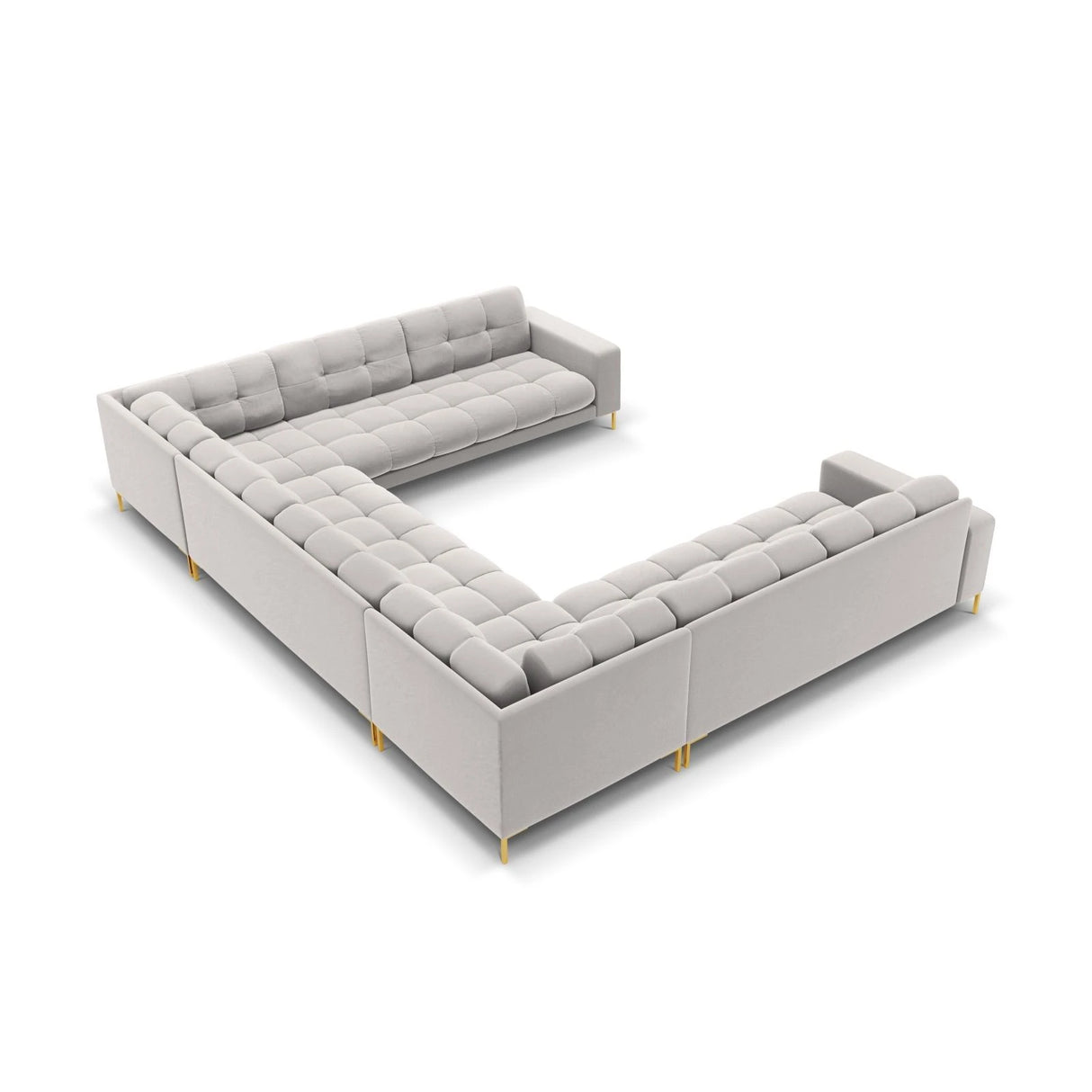 Mamaia 9-Sitzer Panorama-Sofa symmetrisch, Beine Goldmetall, mit Bezug aus Samt (Blu03) in Silber, 337x256 cm – Bild 4
