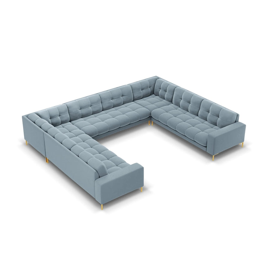 Mamaia 9-Sitzer Panorama-Sofa symmetrisch, Beine Goldmetall, mit Bezug aus Samt (Blu06) in Hellblau, 337x256 cm – Bild 1