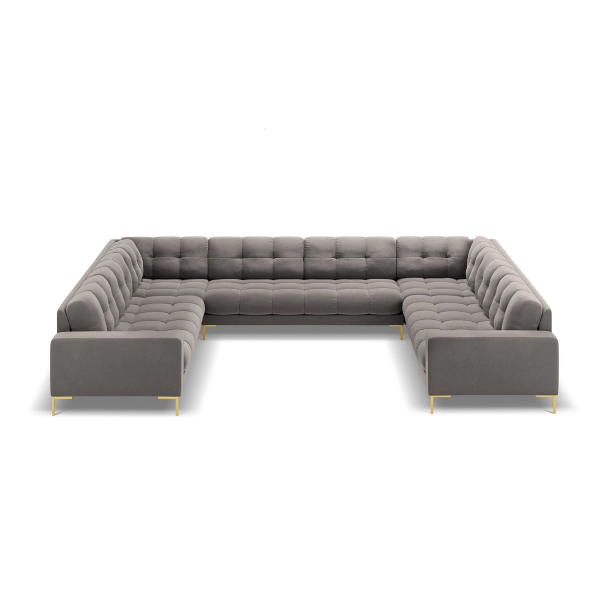 Mamaia 9-Sitzer Panorama-Sofa symmetrisch, Beine Goldmetall, mit Bezug aus Samt (Blu13) in Hellgrau, 337x256 cm – Bild 3