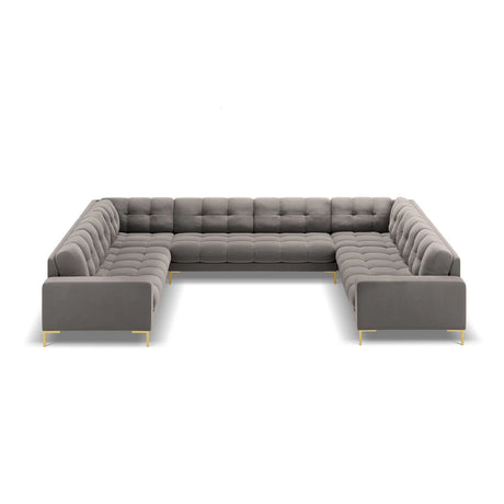 Mamaia 9-Sitzer Panorama-Sofa symmetrisch, Beine Goldmetall, mit Bezug aus Samt (Blu13) in Hellgrau, 337x256 cm – Bild 3