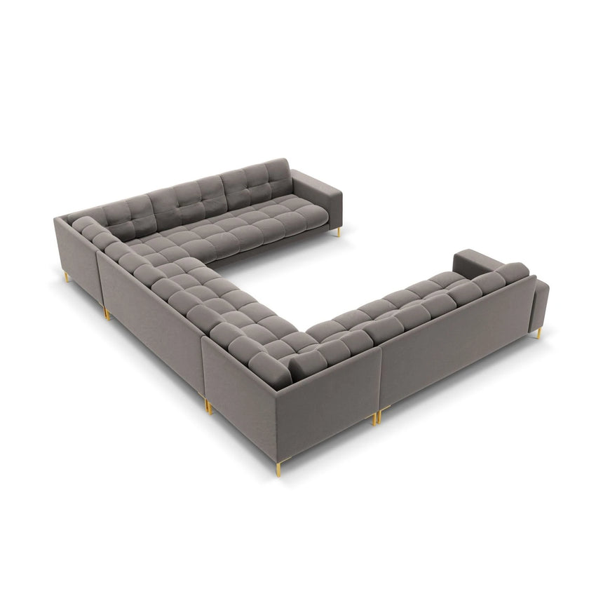 Mamaia 9-Sitzer Panorama-Sofa symmetrisch, Beine Goldmetall, mit Bezug aus Samt (Blu13) in Hellgrau, 337x256 cm – Bild 4