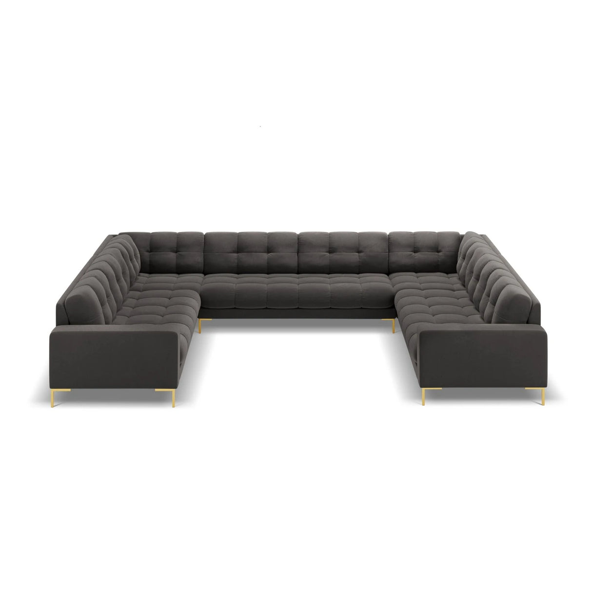 Mamaia 9-Sitzer Panorama-Sofa symmetrisch, Beine Goldmetall, mit Bezug aus Samt (Blu18) in Dunkelgrau, 337x256 cm – Bild 3