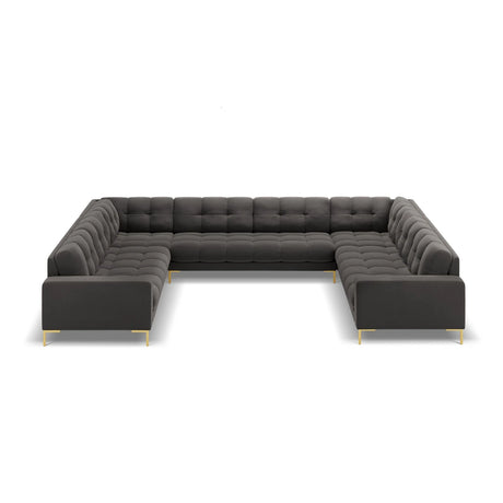 Mamaia 9-Sitzer Panorama-Sofa symmetrisch, Beine Goldmetall, mit Bezug aus Samt (Blu18) in Dunkelgrau, 337x256 cm – Bild 3