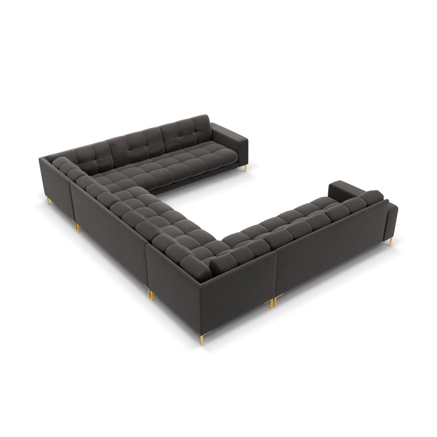 Mamaia 9-Sitzer Panorama-Sofa symmetrisch, Beine Goldmetall, mit Bezug aus Samt (Blu18) in Dunkelgrau, 337x256 cm – Bild 4