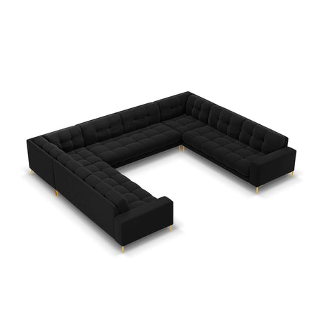 Mamaia 9-Sitzer Panorama-Sofa symmetrisch, Beine Goldmetall, mit Bezug aus Samt (Blu19) in Schwarz, 337x256 cm – Bild 1