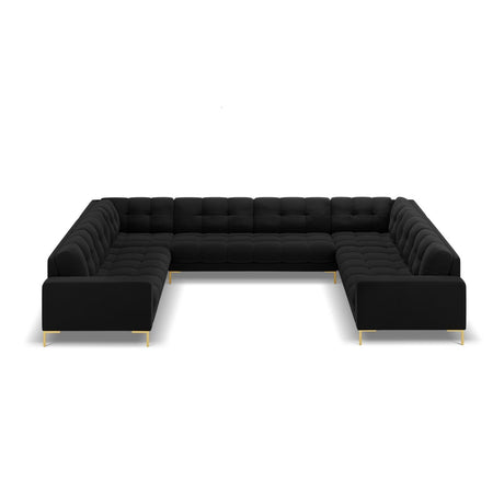 Mamaia 9-Sitzer Panorama-Sofa symmetrisch, Beine Goldmetall, mit Bezug aus Samt (Blu19) in Schwarz, 337x256 cm – Bild 3