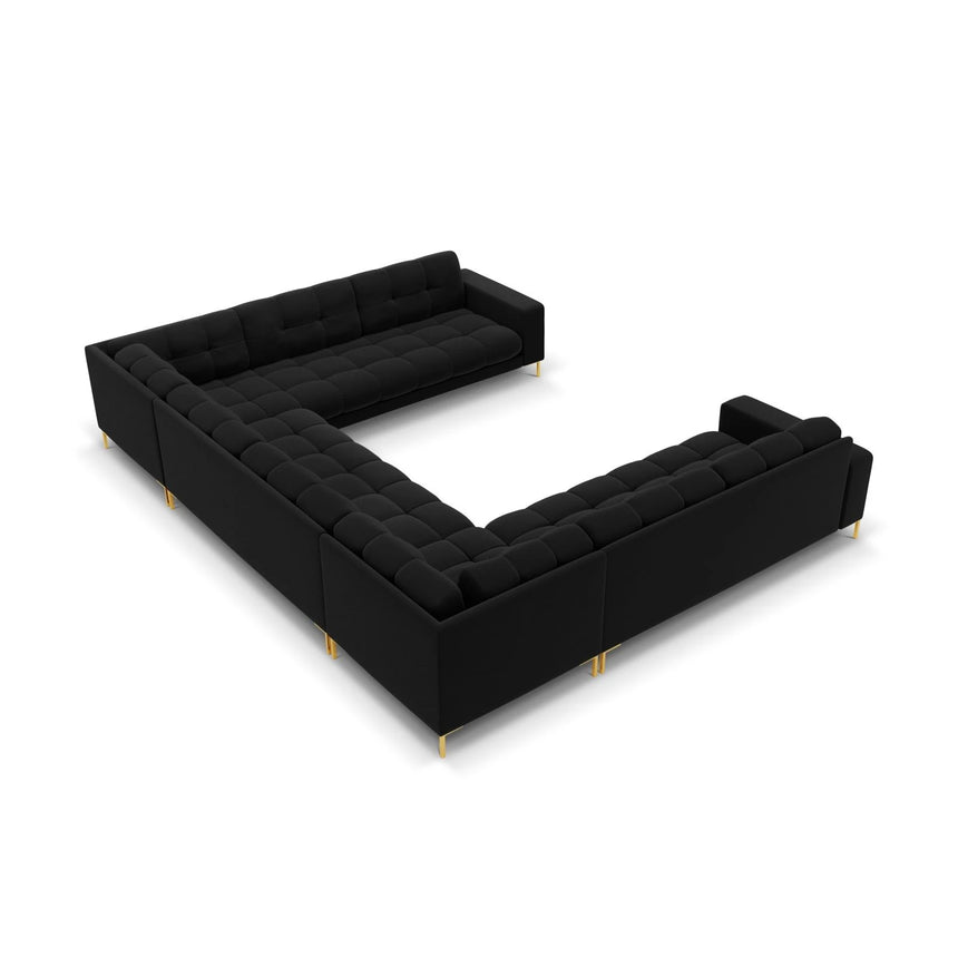 Mamaia 9-Sitzer Panorama-Sofa symmetrisch, Beine Goldmetall, mit Bezug aus Samt (Blu19) in Schwarz, 337x256 cm – Bild 4